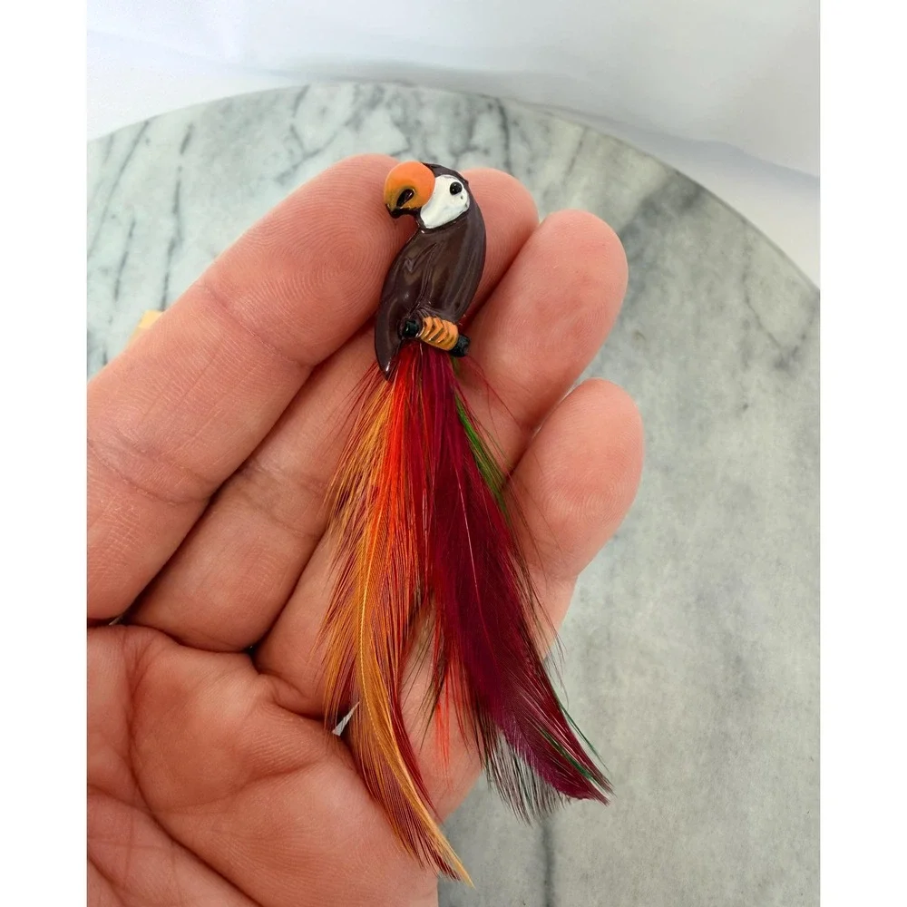 Vintage Enamel Mexican Feather Bird Brooch - Hand Painted Mid Century Parrot Pin